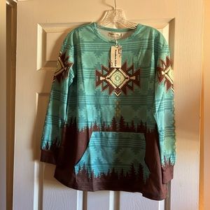 Long Sleeve Southwest Aztec Print Shirt with kangaroo pocket